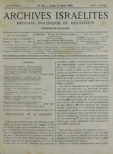 Archives israélites de France. Vol.45 N°33 (14 août 1884)